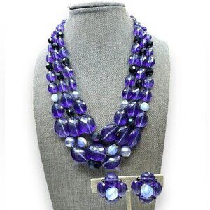 Vintage West Germany Purple Faceted Acrylic Necklace Clip Earrings Set 1950s